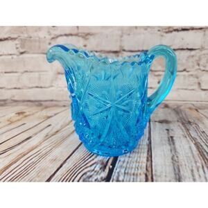 Vintage Blue Pressed Glass Creamer Thousand Eye Pattern Starburst Base EAPG